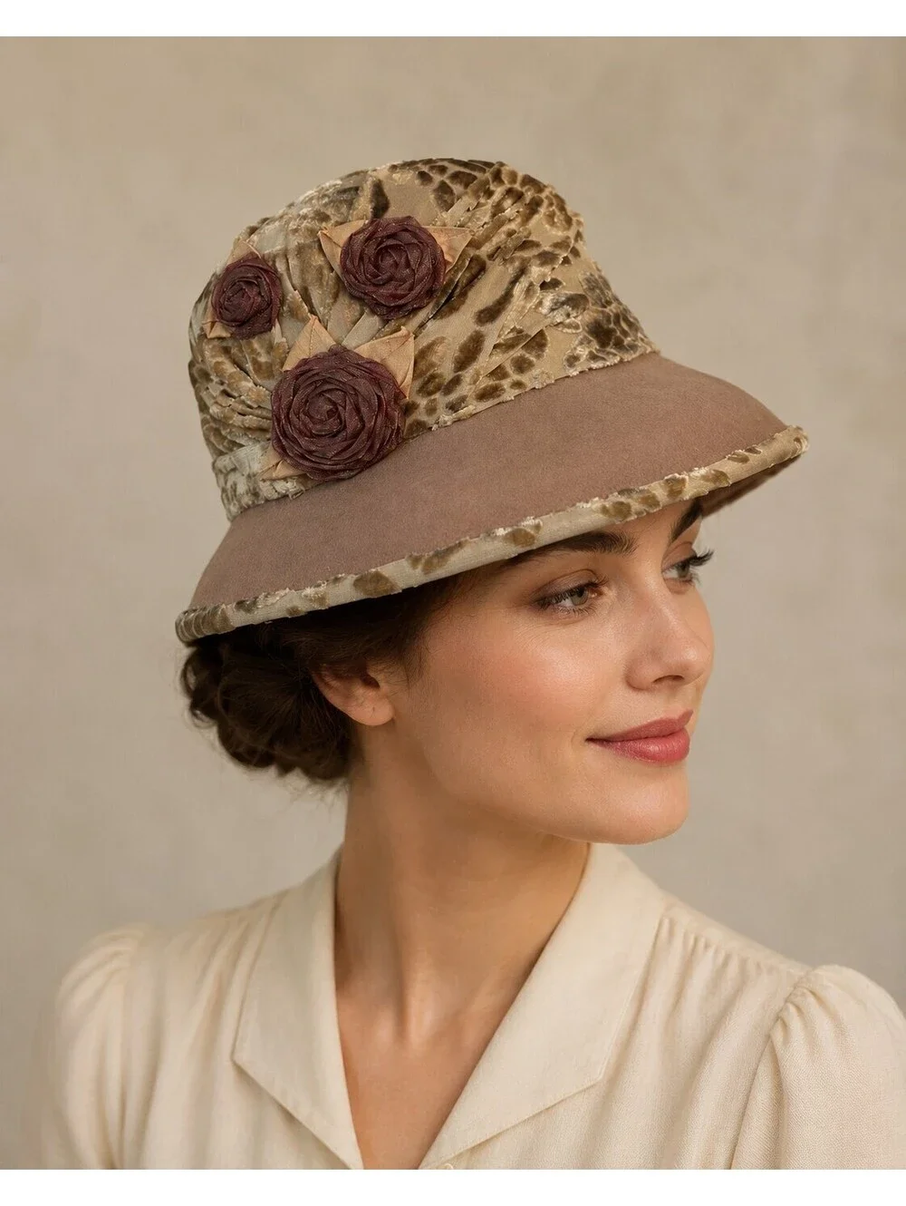 Vintage Julianne Walters LTD Floral Wide Brim Hat Beige Burnout Velvet Derby